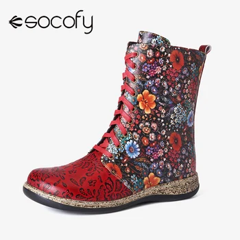 

SOCOFY Retro Genuine Leather Painting Flowers In Clusters Delicate Emboss Zipper Ankle Boots Woman Design Shoes Botas Mujer 2020
