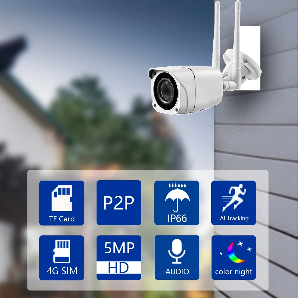 5MP Video Surveillance Camera With Sim Card 4G 3G WIFI Security Protection Outdoor Videcam CCTV Onvif Night Vision IP66 Camhi