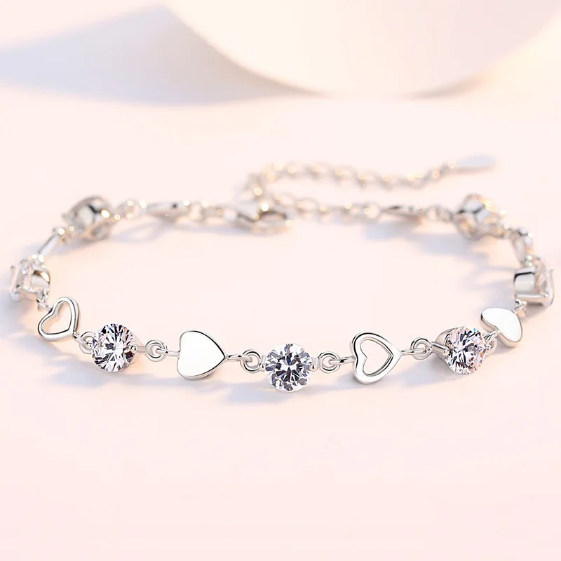 

S925 Fine Silver Accessories Korean-style Classic Shiny Side Heart Shape Bracelets Women's Versatile Cool Heart Hollow out