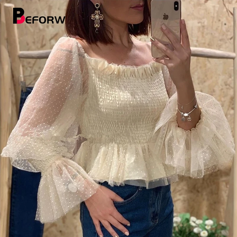 BEFORW, сексуальная сетчатая блуза с открытыми плечами и рукавами-фонариками, женская элегантная шифоновая блузка с оборками, топы, Повседневная рубашка