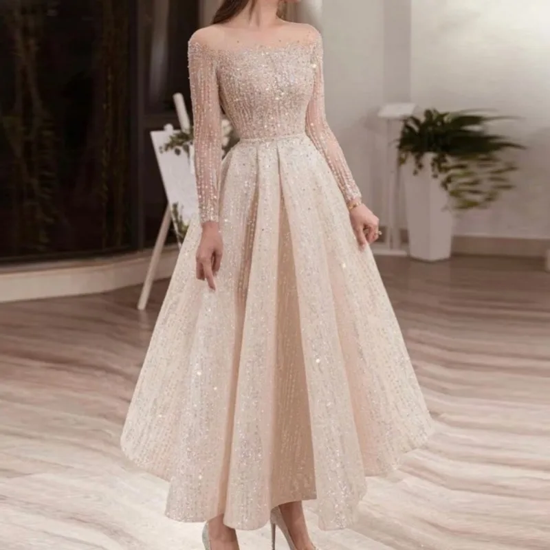 فساتين السهرة Sparkly Sheer Long Sleeves Evening  Saudi Arabia A Line Robe De Soiree Illusion Neck Zipper Back Prom Party Gowns