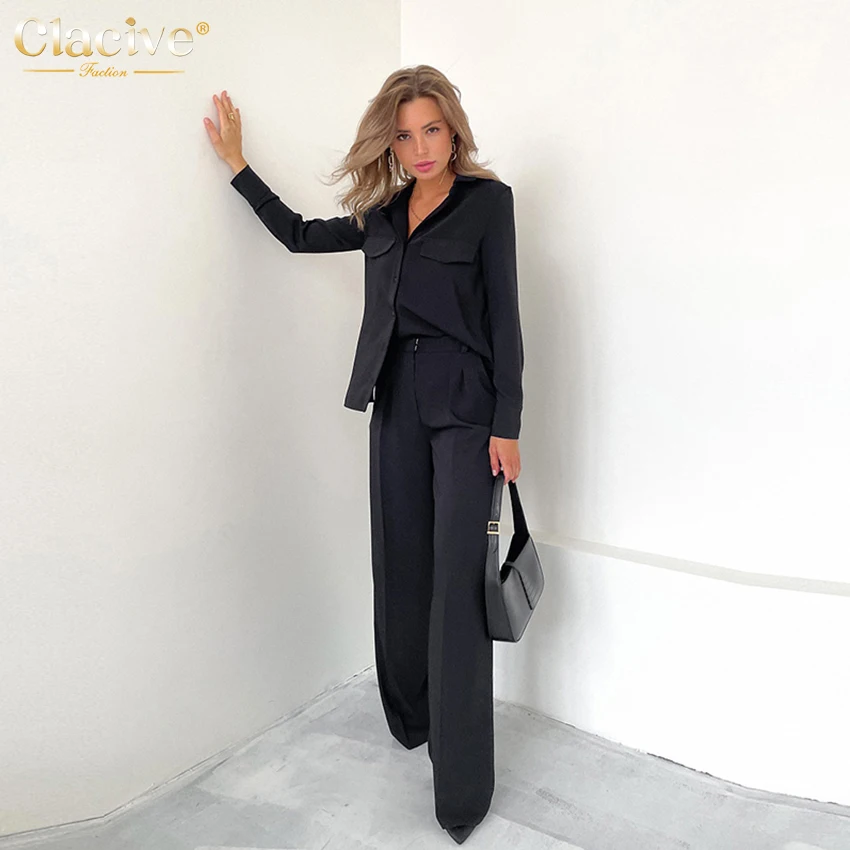 Clacive Fashion Green High Waist Pants Set Women Elegant Loose Office Wide Trouser Suits Lady Casual Blouse Two Piece Pants Set mother of the bride pant suits