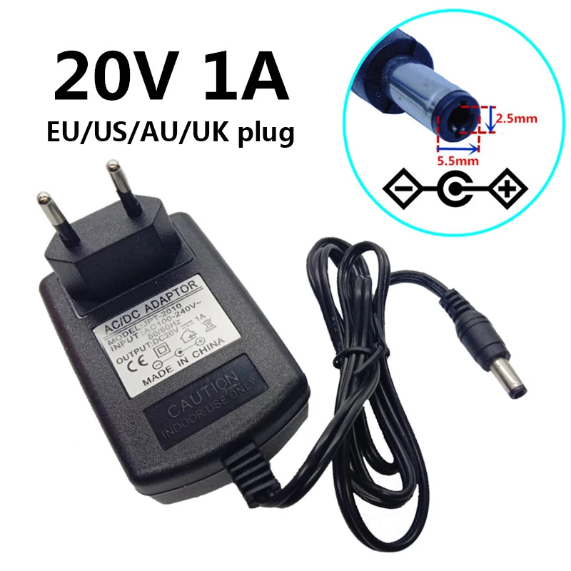 Adaptador de corriente de 20 V y 1A CA a CC, convertidor de 20 V, 1A, 100V-240V, CC de 20 voltios, 1000Ma, 5,5x2.1-2,5mm, enchufe europeo, estadounidense, británico y australiano