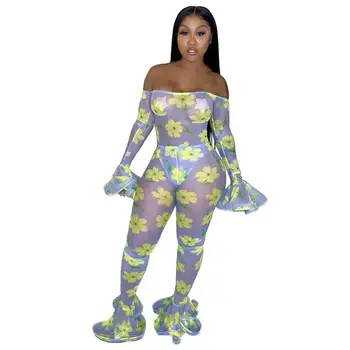 

2019 Fall Floral Mesh Off Shoulder Jumpsuit Women Playsuit Slash Neck Flare Sleeve Bodycon Jumpsuit Club Sexy Party Romper