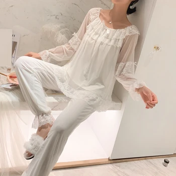 

O-Neck Pajamas Suit Womens Negligee Suspender Long Sleeve Top Pants Nightgown Sleep Set Summer Robes Sleepwear Sleepshirts