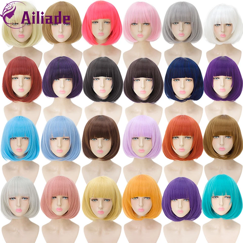 

AILIADE Short Straight Bobo With Bangs Synthetic Wig Heat Resistant Red Pink Blue Purple For Women Daily Party Costume Cosplay