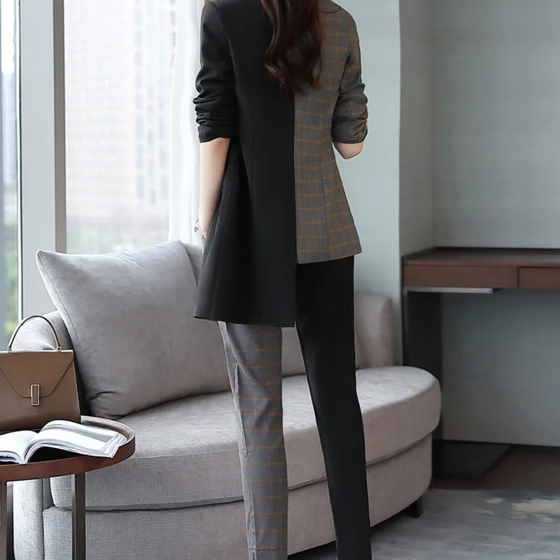 

Womens Spring Autumn Suit Two Piece Set Elegant Slim Patchwork Irregular Single Breasted Blazer Spliced Plaid Trousers M-2XL