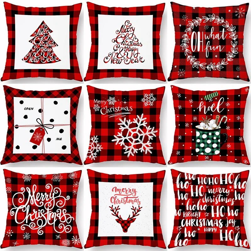 

1Pcs Christmas Deer Black Red Plaid Pattern Cushion Cover Polyester 45*45 Decorative Sofa Bed Home Car Decor Pillow Cover 40976