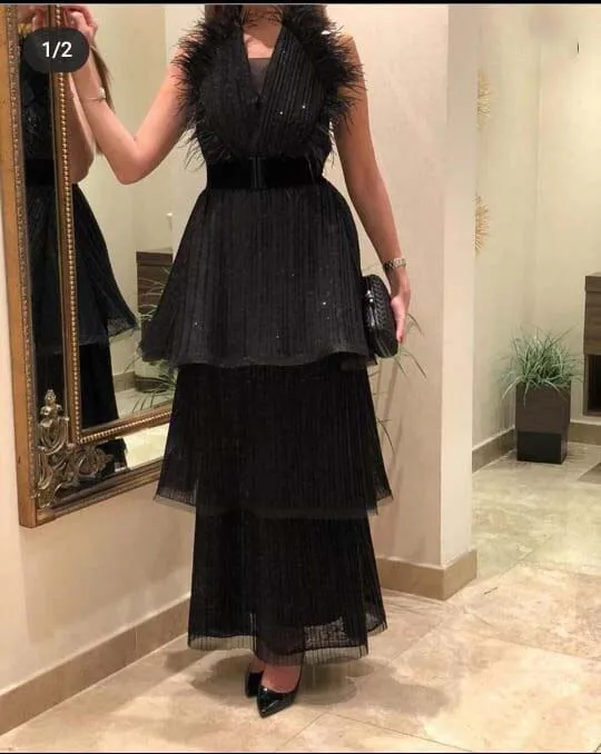 Сексуальное черное Плиссированное вечернее платье без рукавов с V-образным