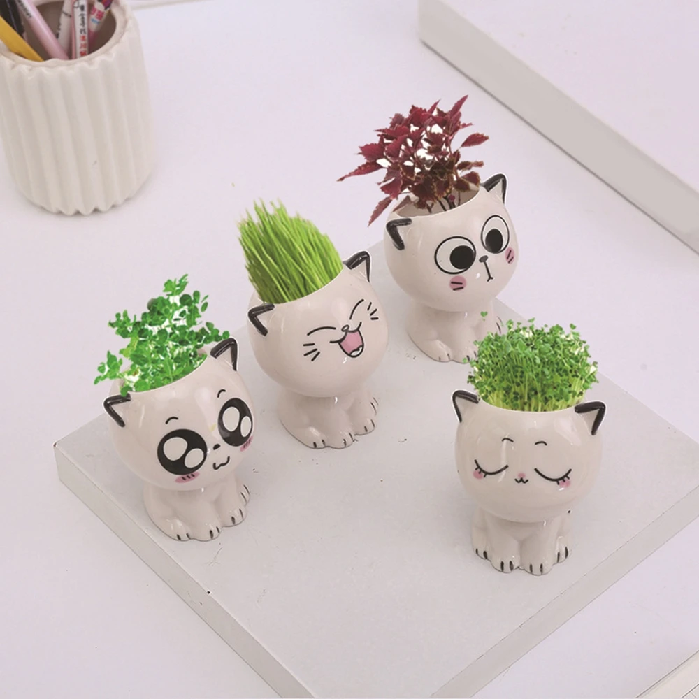 Mini Cat Shaped Ceramic Flowerpot Cartoon Cute Hand Desktop Potted Expression Cat Plant Pot Desk Decorate Small Ornaments flower pot plant pot