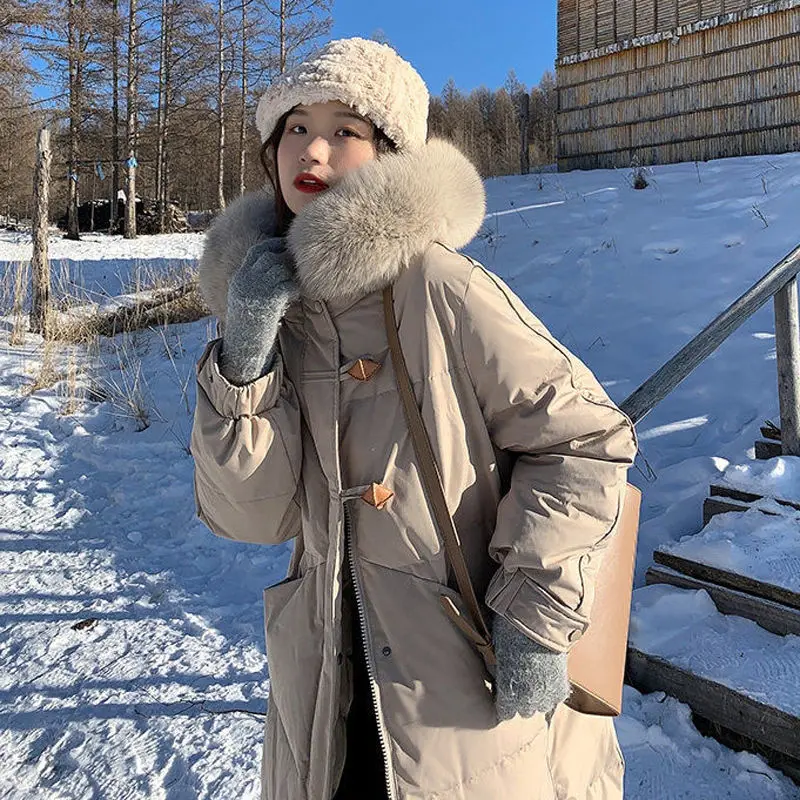 High fashion down jacket for women 2021 New long big fur collor hooded thick white duck down loose coat light winter cold snow