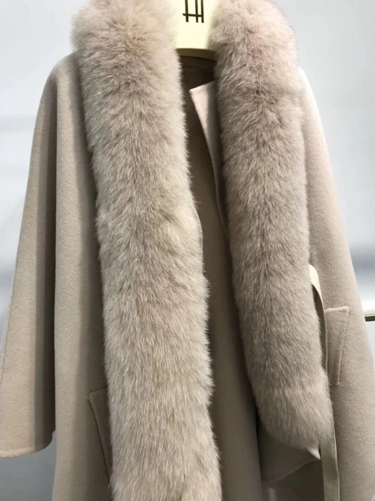 Элегантный бежевый плащ женская зимняя куртка бутик ручной работы 10% кашемировое меховое пальто шерстяное пончо с воротником из лисьего меха кожаный ремень