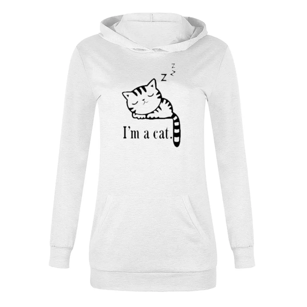 Толстовки женские длинные толстовки kawaii cat напечатанный карман осенняя одежда спортивный костюм с длинными рукавами пуловер с капюшоном Топы размер плюс 5XL