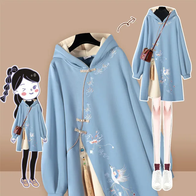 Chinese Style Hoodies Stitching Vestido Cheongsam Oversized Embroidery Sweatshirt Dress Spring Women Buckle Thick Dresses 1
