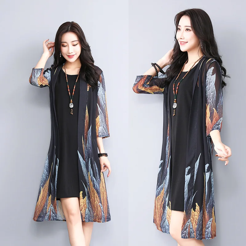 

Dress Two Pieces Set of 2019 New Style Summer Korean-style Shawl Mid-length Slimming Large Size Two Pieces Skirt Women's Fashion