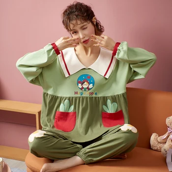 

2020 Autumn Winter Cute Sleep Lounge Pajama Long Sleeve &Pant Women Pajama Set Warm Full Cotton Sleepwear for Women XL 2XL