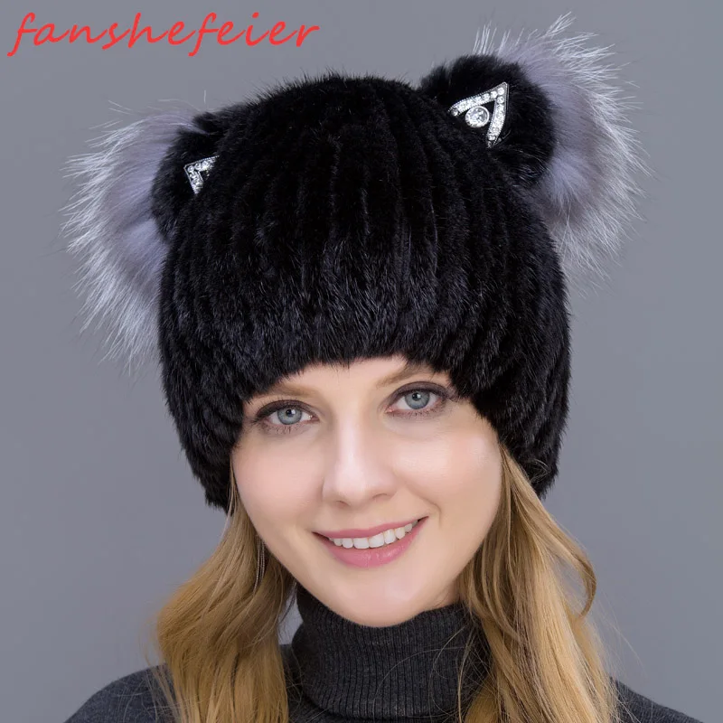 

New Fashion Good Quality Female Winter Women's Vertical Weaving Hat Genuine Natural Fox Mink Fur Cap Lovely Cat Ears Style Hats