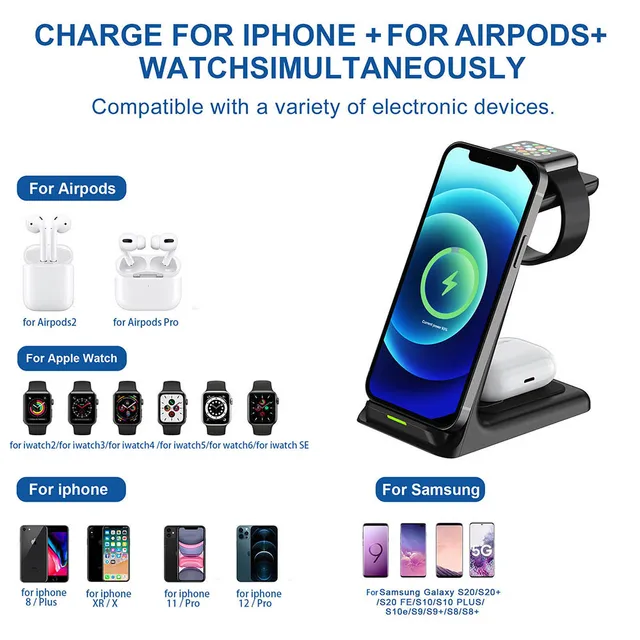 20W Wireless Charger Stand For IPhone 14 13 12 11 XR 8 Apple Watch 3 In 1 Qi Fast Charging Dock Station for Airpods Pro IWatch 7 2