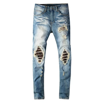 

Men's printed pleated patchwork biker jeans Streetwear holes ripped stretch denim slim skinny pants