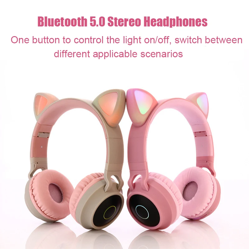 Милые кошачьи ушки Bluetooth 5,0 беспроводные наушники детские наушники складные на ухо стерео гарнитура с микрофоном светодиодный светильник FM радио/TF карта