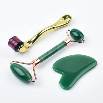 

Jade Roller Gua Sha Set Green Aventurine Face Massage Roller Gua Sha Micro Needle Derma Roller Face Lifting Skincare Treatment