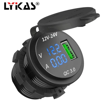 

LYKAS LED DC Digital Voltage Current Meter Car USB Charger Quick Charge 3.0 Phone Power Adapter Socket for 12v 24v Motorcycle