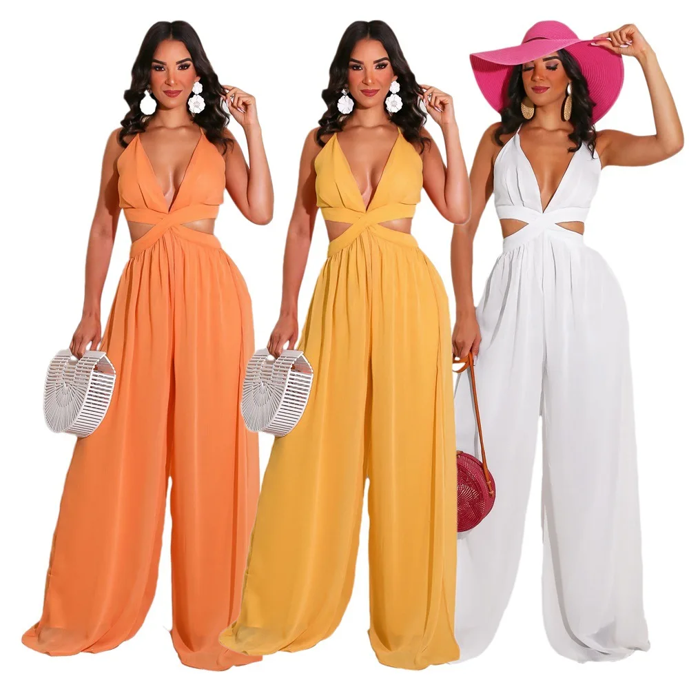 

Pure color casual loose chiffon women's jumpsuit