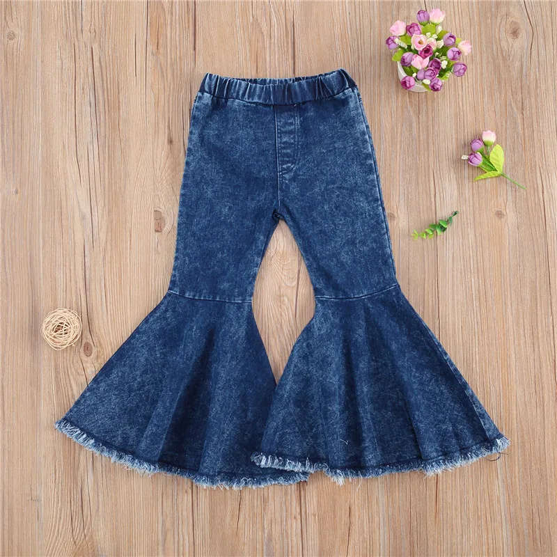 

C 2020 new Toddler Baby Girl Flared Jeans Blue Bell-bottom High-waist Basic Denim Pants Spring Fall Outfit for 2-7 Years Old