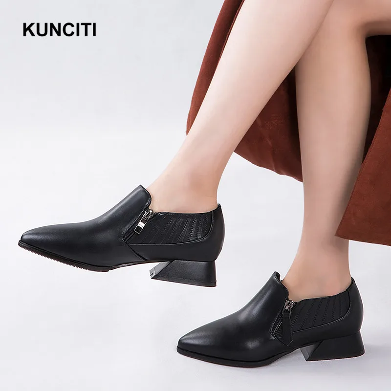 KUNCITI Women's Basic Pumps Pointed Toe Ladies Casual Shoes Retro Vintage Western Comfortable Pumps Zipper Up Med Heels Newest