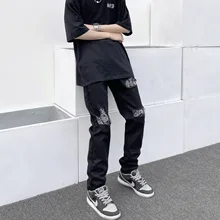 

ICCLEK American Retro Jeans Cashew Flower Jeans High Street Black Jeans Ripped Slim Feet Pants Ripped Jeans for Men Means Jeans