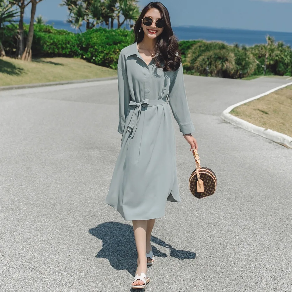 

French Style Shirt Dress 2019 Autumn New Style WOMEN'S Dress Retro Laziness-Style Single-Breasted Waist Hugging Lace-up Dress