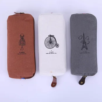

1 PC Simple Style Retro Solid color with pattern Linen Pencil Bag Students Paris Style Pencil Cases Stationery Office Supplies