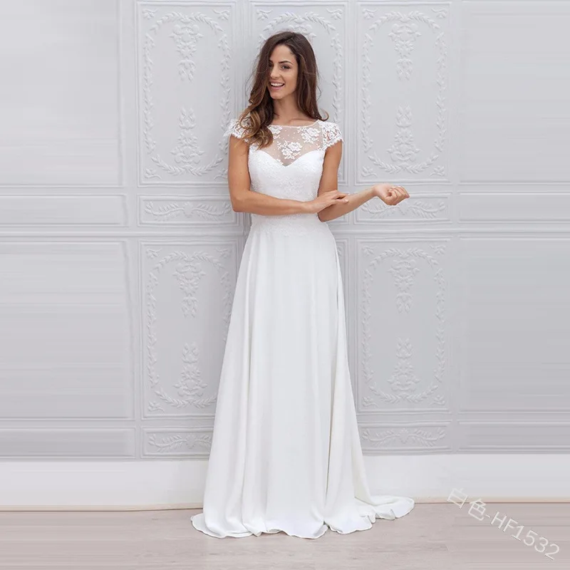 

New Arrival White Lace Chiffon Wedding Dresses Long A line O Neck Court Trian Lace Up Bridal Wedding Party Dresses 2019