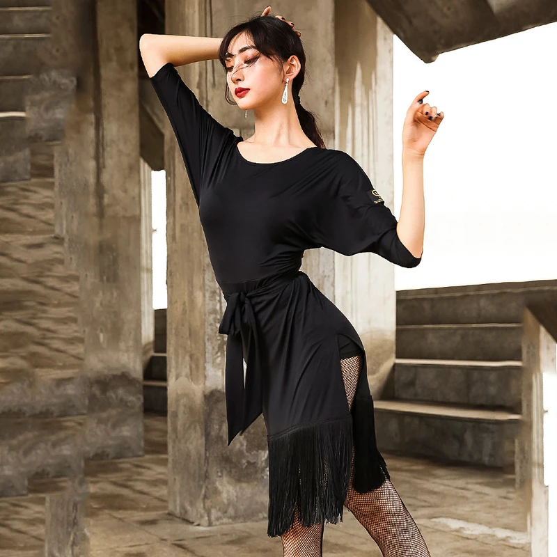 Платье для латинских танцев черная юбка для танцев с бахромой Женская Новая Сексуальная Современная Танцевальная практика одежда Румба Самба танец костюм латинское платье L2878