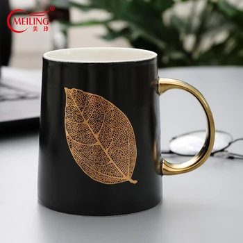 

Leaf Coffee Mugs Black With Gold Ceramic Milk Tea Cups Kitchen Accessories Table Office Drinkware Gift For Father Boyfriend Boss