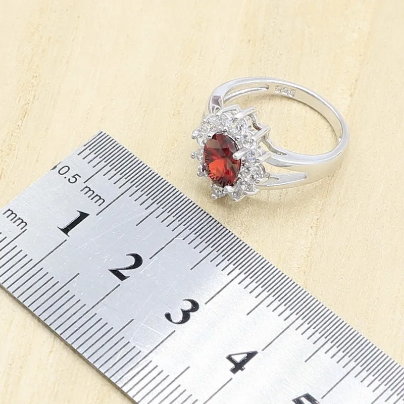 Геометрический Красный Циркон 925 серебряные свадебные украшения набор для женщин браслет, серьги, ожерелье кулон подарочные коробки для колец для ювелирных изделий