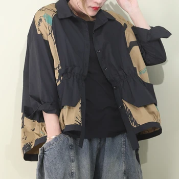 

Female new spring and summer korean style plus size art single-breasted printed folds loose shirt