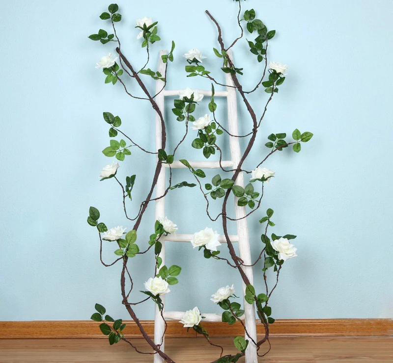 Имитация розы Шелковый цветок лоза искусственное растение на стену для гостиной свадебное украшение искусственный цветок из ротанга 3m16 цветы - Цвет: white