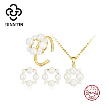 

Rinntin Real S925 Silver Women Jewelry Sets with Simulated Pearl Gold Plated Necklaces Stud Earrings Ring Fine Jewelry TSS60