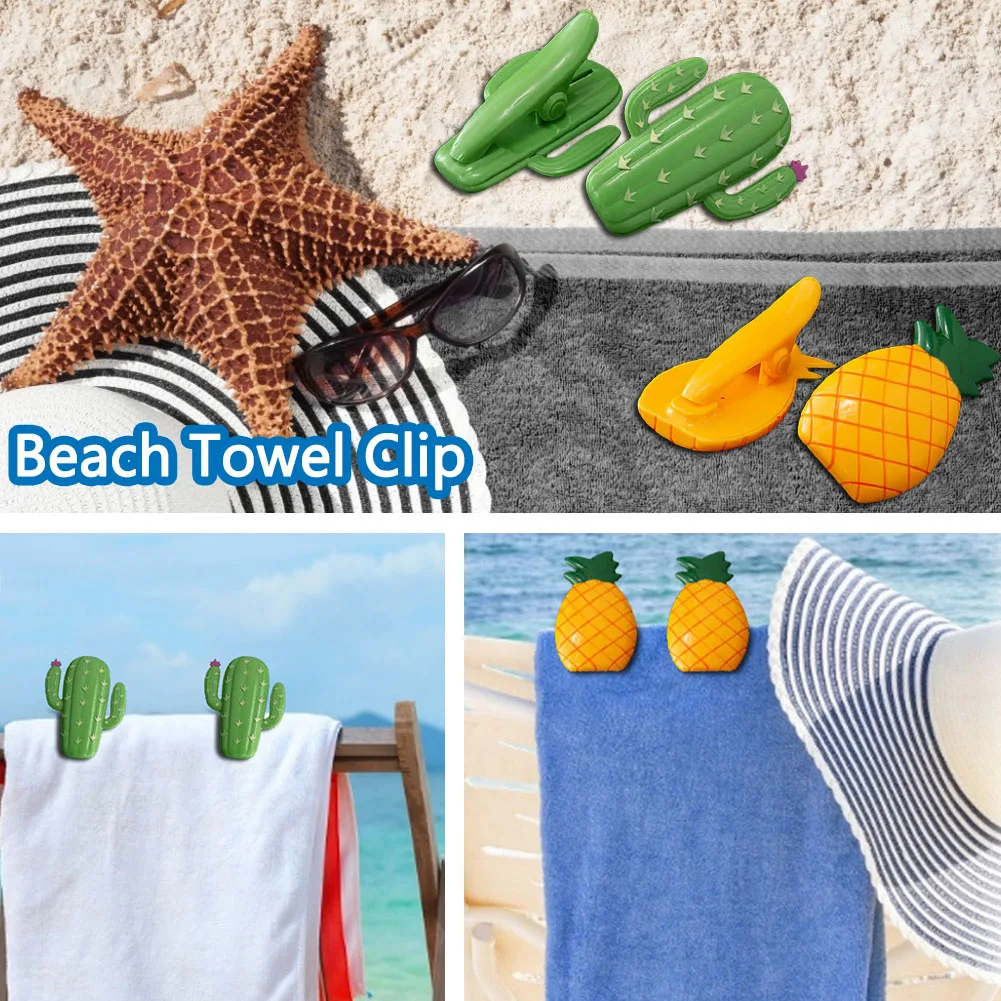papyrifer 4 Pcs Beach Towel Clips Plastic Large Beach Towels Clips for Beach Clothes Lines Pineapple Cactus Decorative Travel Clip