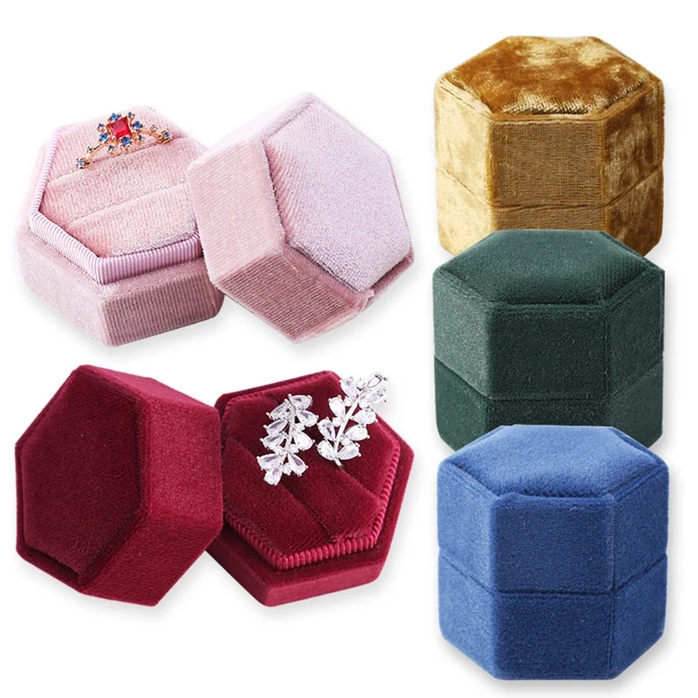 Hexagon Shape Velvet Jewelry Box Double Ring Storage Box Wedding Ring
