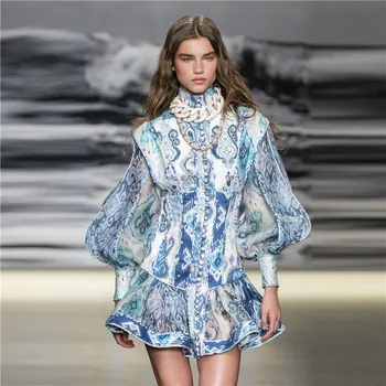 

New Booking light blue printing long sleeve single breasted falbala a line dress G0923 lantern sleeve