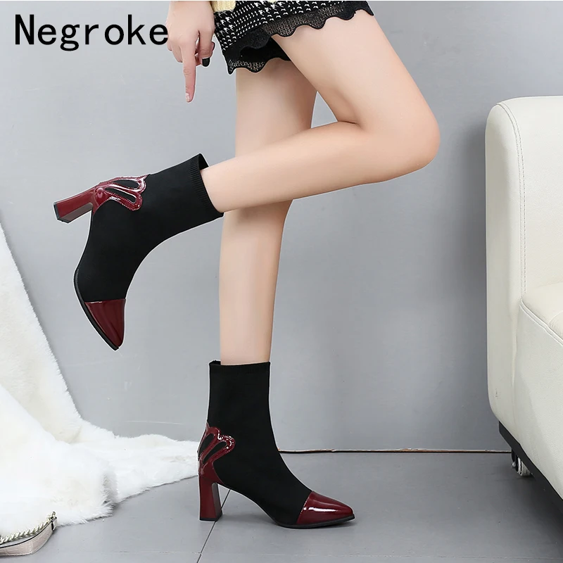 

New Women Ankle Sock Boots 2019 Fashion Autumn Stretch Boots Chunky High Heels Pointed Toe Booties Women Shoes