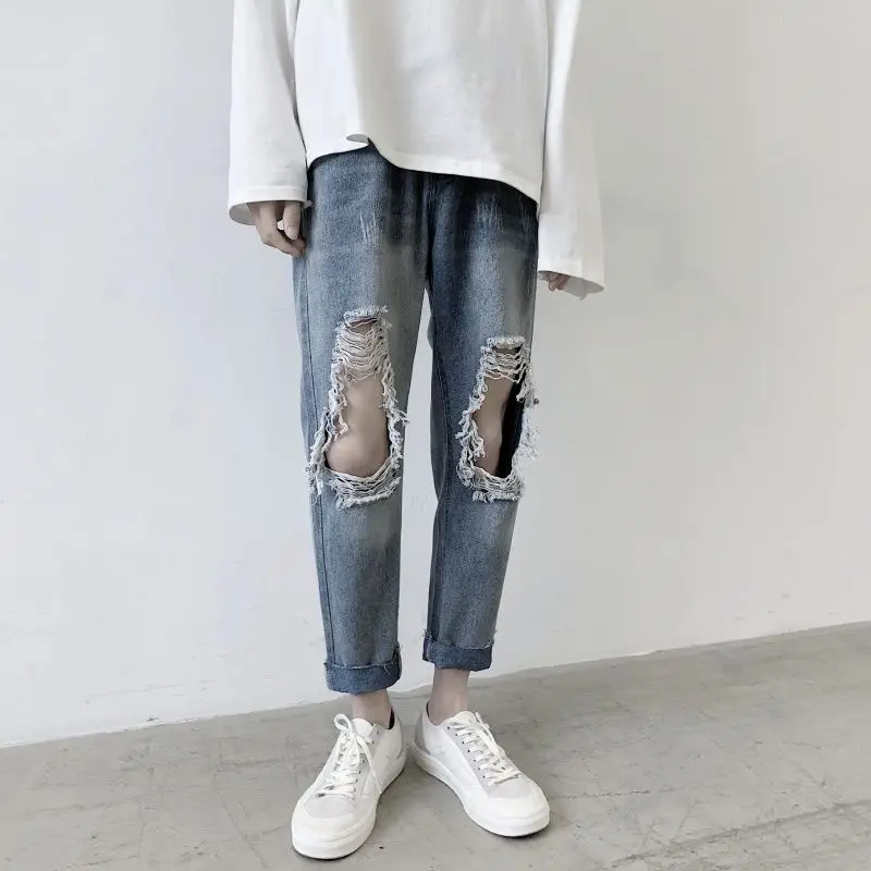 

2020 Spring And Summer New Youth Popular Men's Solid Color Loose Large Size Japanese Ripped Jeans Fashion Casual Feet Pants