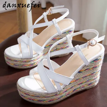 

Women's real leather wedge ultra high heel platform sandals open toe summer elegant ladies hemp bohemia style dress pumps shoes
