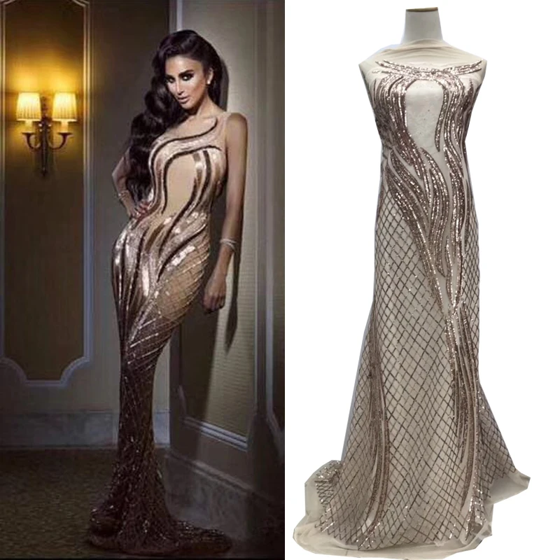 

2019 Latest fashion African sequins lace fabric Nigeria mesh lace best quality sewing material for wedding dinner dress 5yards