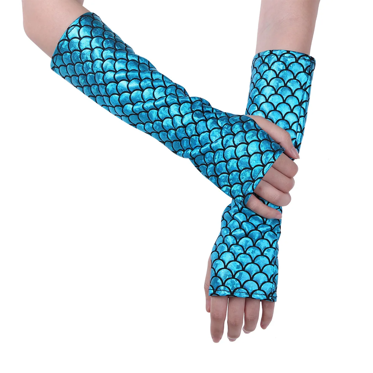 Mermaid Fish Scale Printed Fingerless Long Gloves Arm Sleeves Adult Costume 29CM 