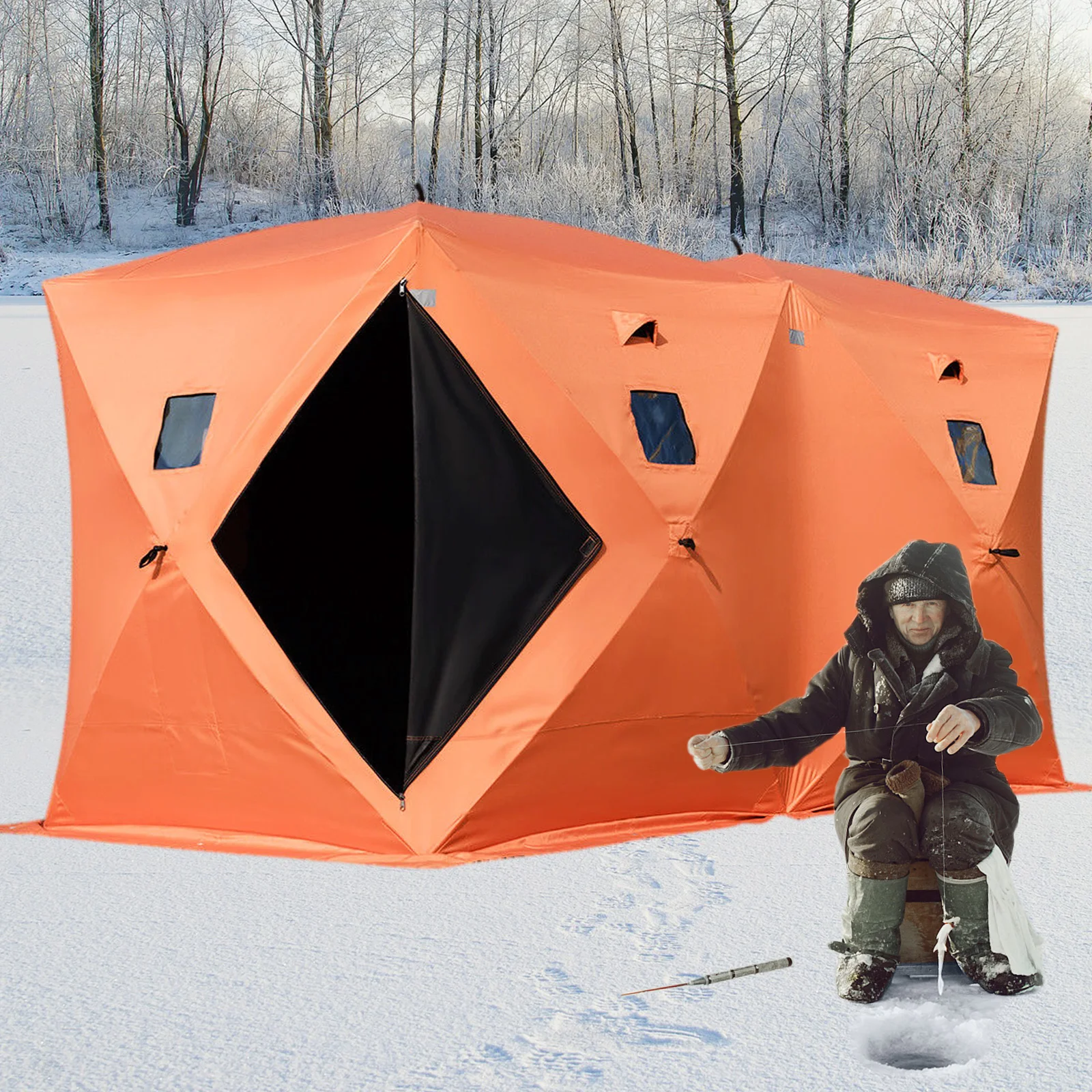 VEVOR Tenda da Pesca sul Ghiaccio 3,3 x 3,3 x 2 m Rifugio Portatile per Pesca sul Ghiaccio per 6-8 Persone, Isolamento Termico, Tessuto Oxford con Ancore, Corde, Borsa Trasporto, per Pesca