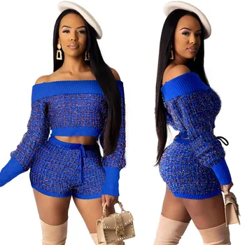 

Sexy Blue Women Sweater Two Piece Set Female Off Shoulder Pullover Long Sleeve Sweater + Skinny Shorts Casual 2 Piece Set