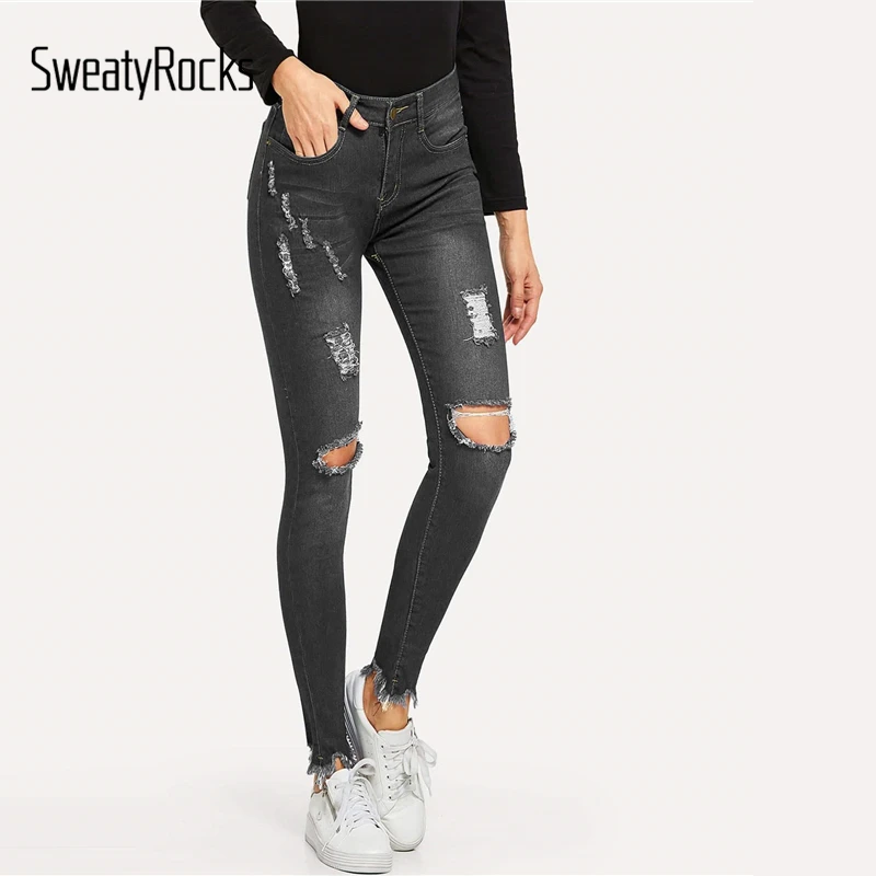 SweatyRocks одноцветная Юбка До Колена рваные потертые края обтягивающие джинсы осень Повседневное Уличная Брюки Для женщин Твердые пуговицы джинсовые штаны